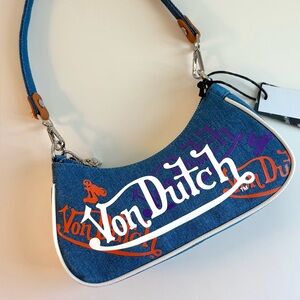 Von Dutch Blue Denim Logo Shoulder Bag with Chain